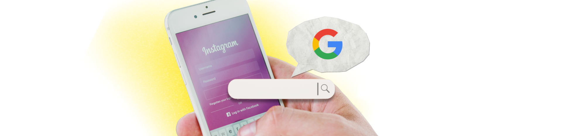 Ilustración que representa la integración de Instagram y Google, mostrando posts de Instagram apareciendo en resultados de búsqueda.